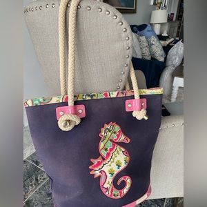 Spartina 449 Navy Pink Seahorse Tote & Wristlet